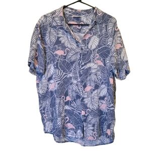 Ron Jon Men's Blue Hawaiian Shirt With Pink Flamingo Button Up Size Large